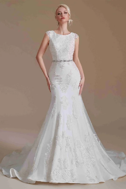 Deal Dash Crew Neck White Lace Long Wedding Dress with Cap Sleeves