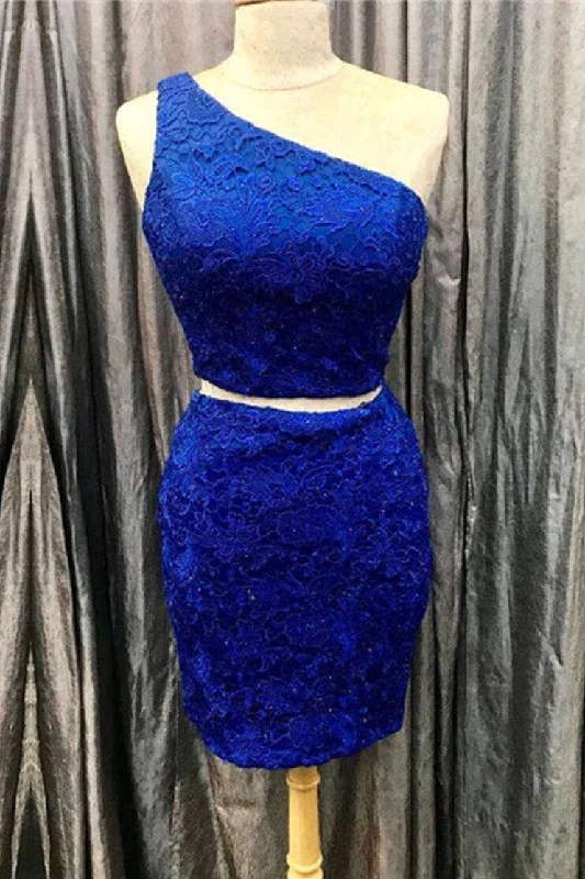 Season Finale Sale One Shoulder Royal Blue Two Piece Lace Tight Homecoming Dress