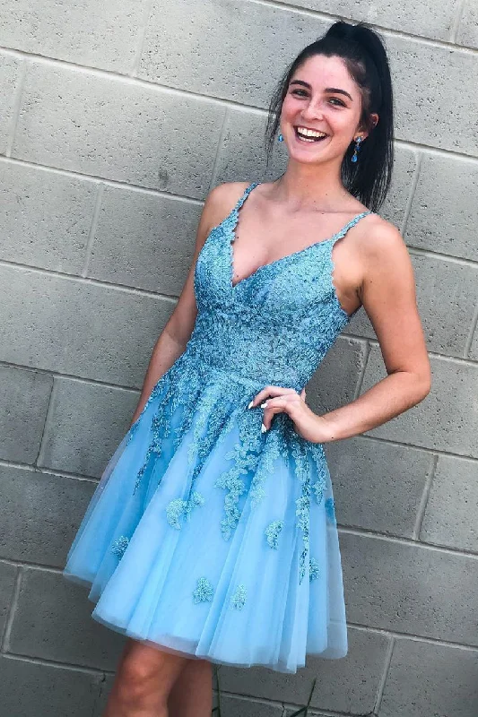 Major Savings Lace-Up Sky Blue Short Homecoming Dress with Lace Appliques