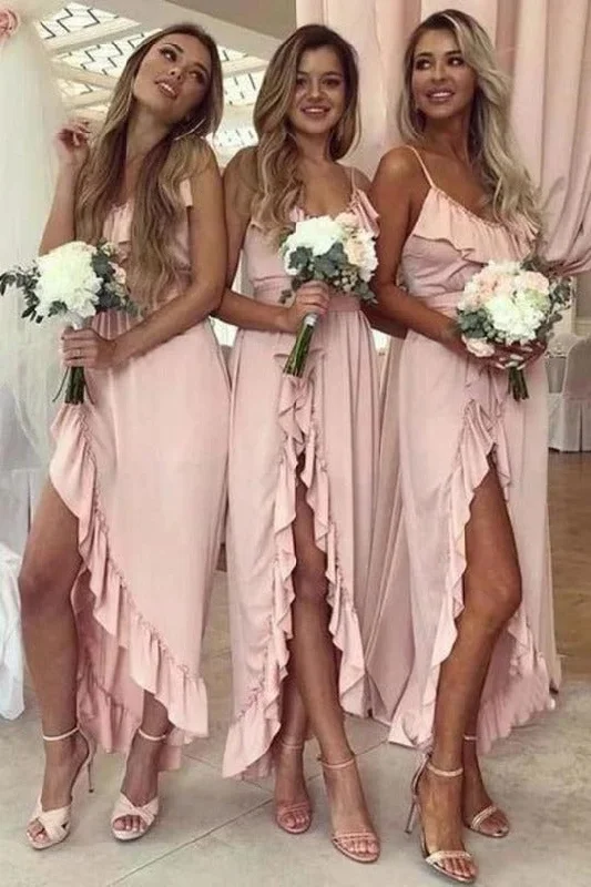 Super Sale Asymmetrical Long Pale Pink Bridesmaid Dress with Belt