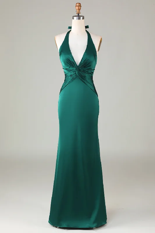 Closeout Halter Emerald Green Ruched Mermaid Bridesmaid Dress