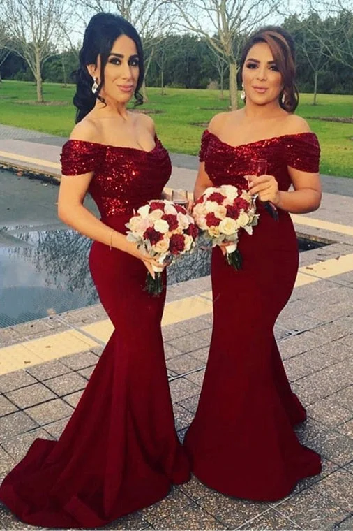 Value Deals Off-the-Shoulder Long Burgundy Bridesmaid Dress