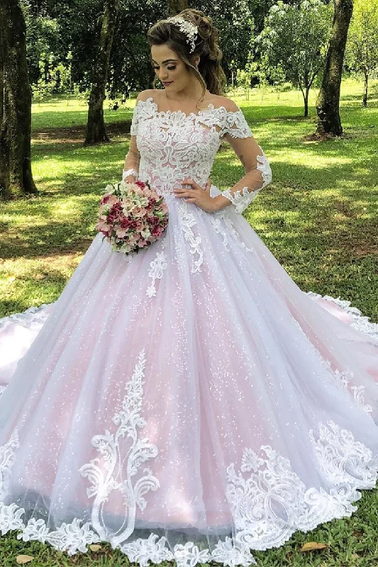 Hot Deal Princess Long Sleeves Illusion Neck A-line Pink Wedding Dress with Lace