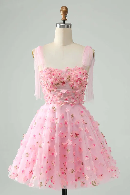 Buy Now Pink Tie Straps Corset 3D Floral Short Homecoming Dress