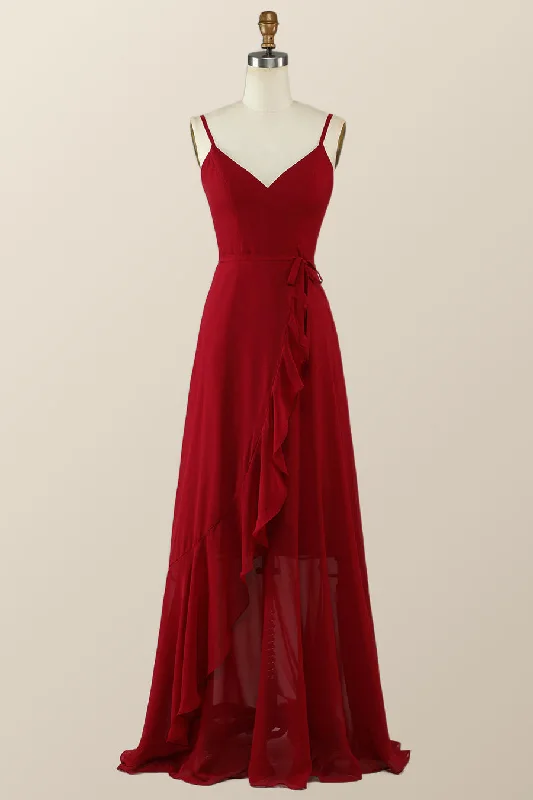 Weekend Deal V-Neck Red Wrap Ruffle Long Bridesmaid Dress