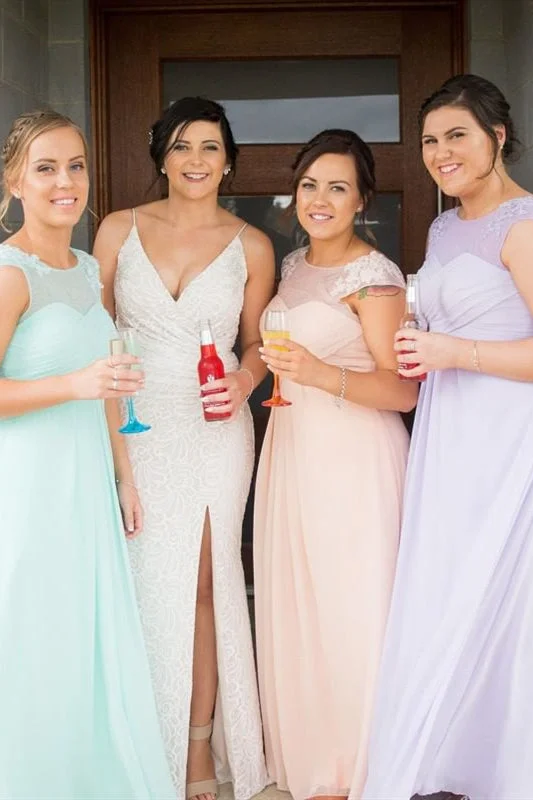 Closeout A-line Jewel Mis Colored Bridesmaid Dress with Lace Appliques