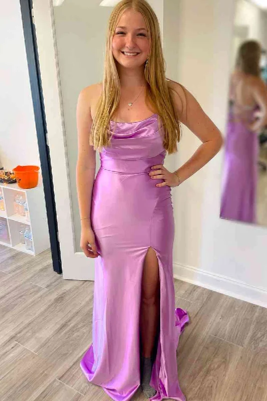 Lowest Price Lace-Up Cowl Neck Lilac Satin Long Prom Dress