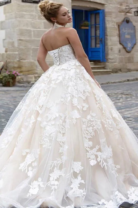 Stock Clearance Long Lace-Up A-line Strapless Ivory Wedding Dress with Lace