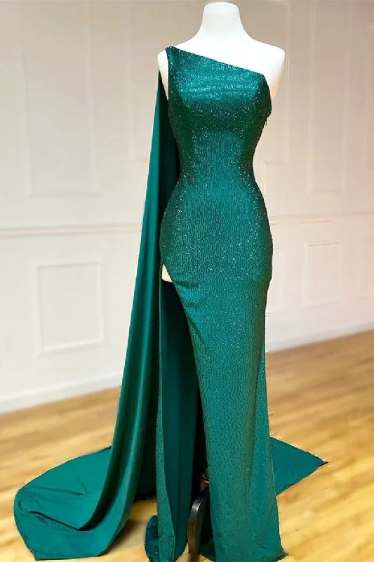 Major Savings Elegant One Shoulder Emerald Green Long Prom Dress with Shawl