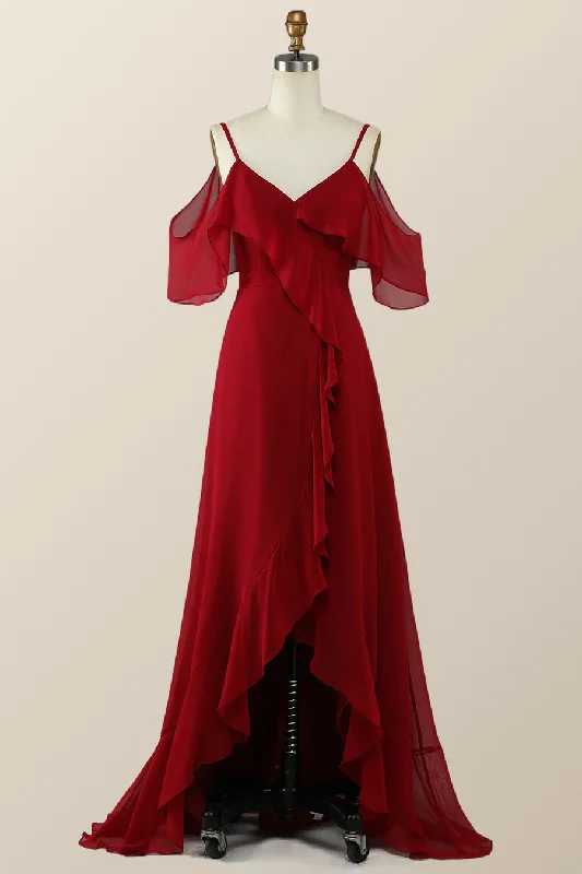 Clearance Event Hi-Low Cold Sleeves Red Ruffle Long Bridesmaid Dress