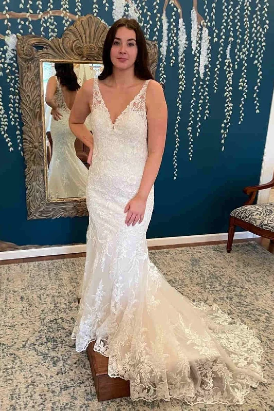 While Supplies Last White Double V-Neck Appliqued Wedding Dress with Train