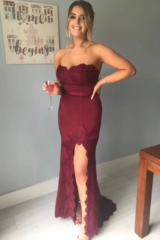 Steals and Deals Elegant Strapless Lace Appliques Mermaid Burgundy Long Prom Dress