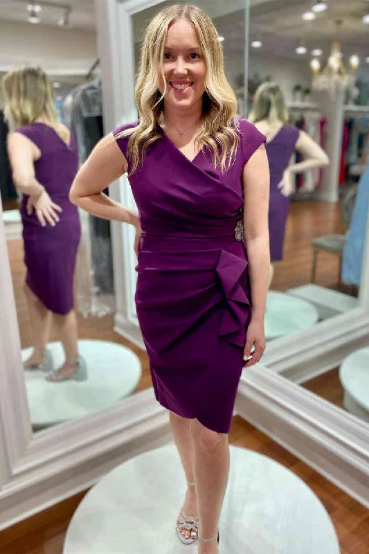 Daily Deals Cap Sleeve Ruched Purple Beaded Mother of Bride Dress