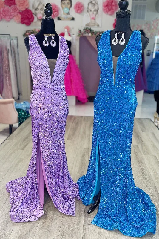 Hurry In Plunging V-Neck Sequins Meramid Long Prom Dress with Slit