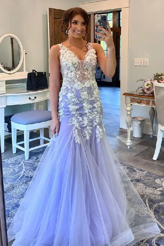 Online Exclusive Elegant Lavender Appliqued Mermaid Long Prom Dress