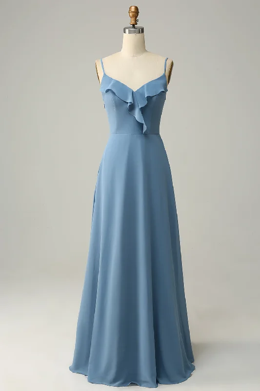 Bargain Blast Strap Dusty Blue Ruffle A-Line Bridesmaid Dress