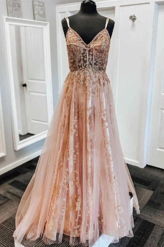 Huge Discounts A-Line Straps Blush Pink Prom Dress with Embroidery