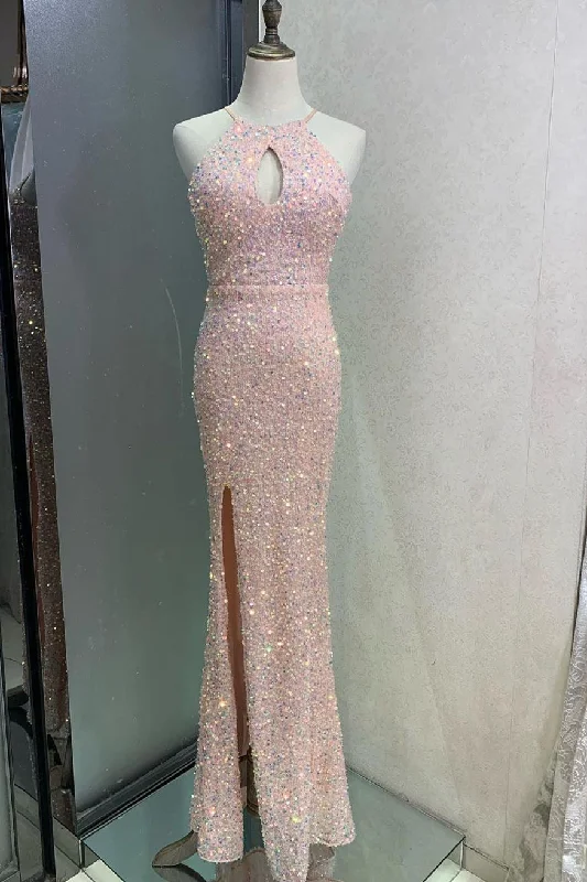 Online Exclusive Elegant Key Hole Pink Sequins Long Prom Dress