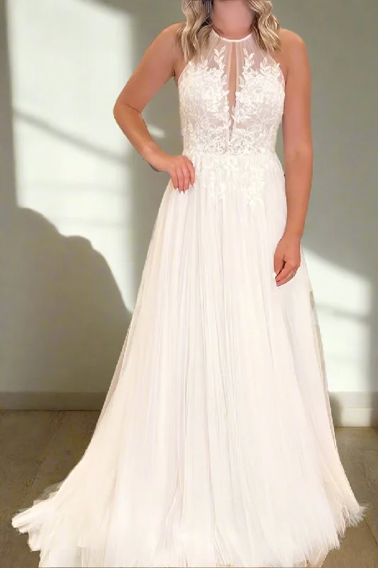 Warehouse Sale Halter Applique Wedding Dress with Open Back
