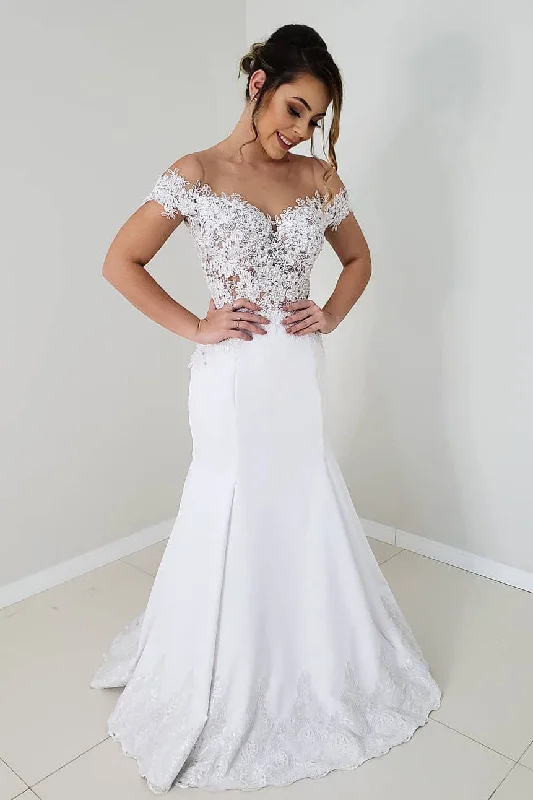 Lowest Prices Princess Off Shoulder Mermaid White Lace Wedding Dress