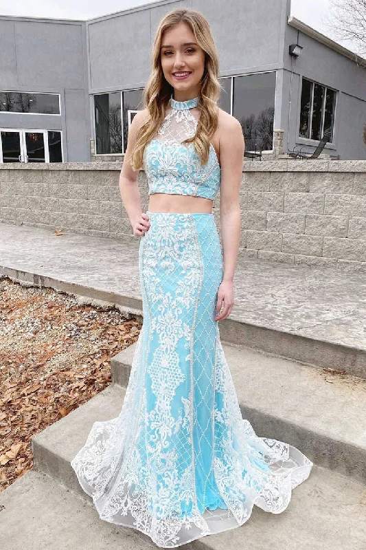 Low Prices Two Piece Halter Sky Blue Lace Long Prom Dress