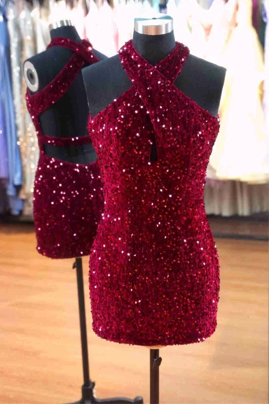 New Arrival Halter Cross Straps Burgundy Sequin Mini Dress