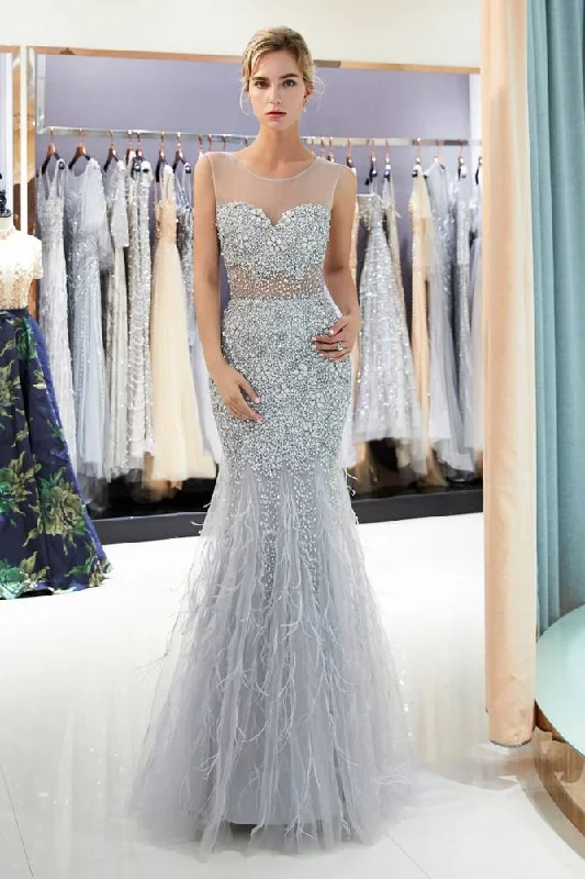 Buy Now See-Through Mermaid Sequined Silver Long Prom Dress