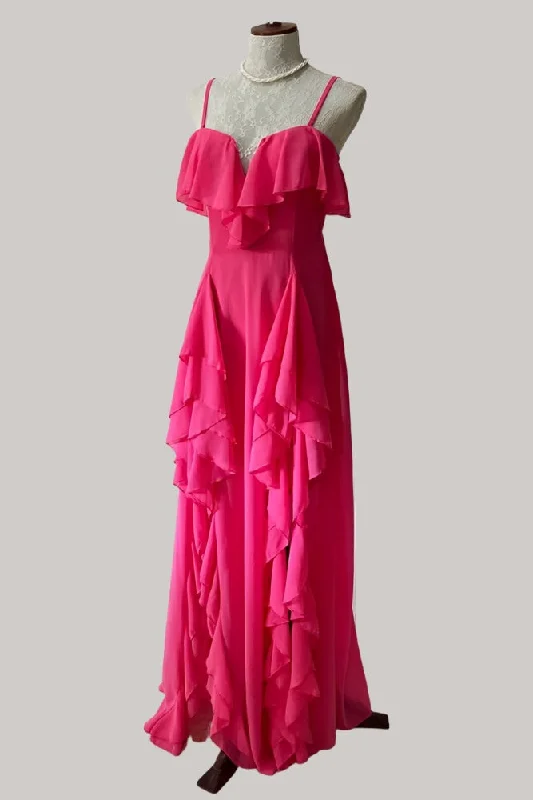 Steals and Deals Straps Hot Pink Ruffle Chiffon Maxi Dress