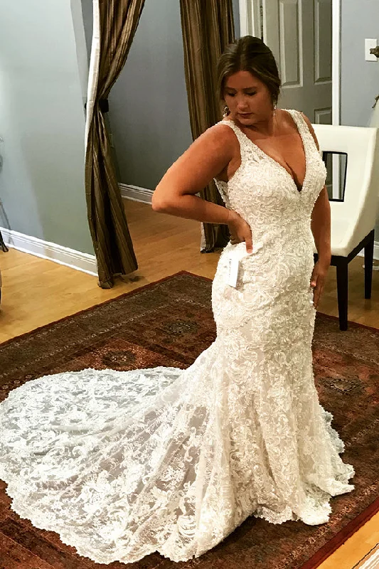 Unbeatable Prices Long Mermaid V-Neck Ivory Wedding Dress with Train