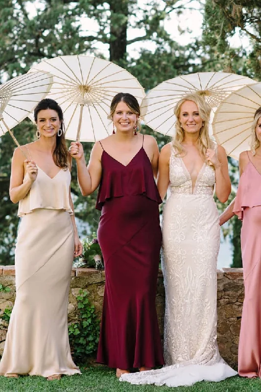 Great Deals V-Neck Straps Solid Mermaid Satin Bridesmaid Dress