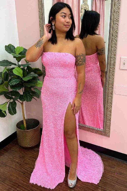 Midnight Madness Strapless Pink Sequins Prom Dress with Slit