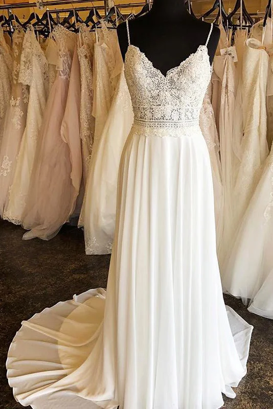 Clearance Sale Boho Long Spaghetti Strap A-line Ivory Wedding Dress with Lace