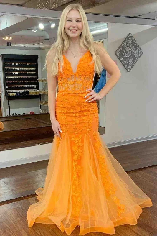 Huge Savings Orange V Neck Mermaid Tulle Applique Backless Long Prom Dress