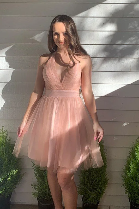 Super Savings Blush Deep V-Neck Tulle Short Homecoming Dress