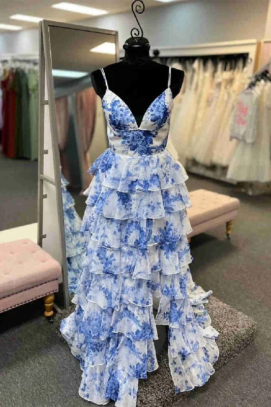 Special Discount Straps Blue Floral Print High Slit Ruffled Prom Dress