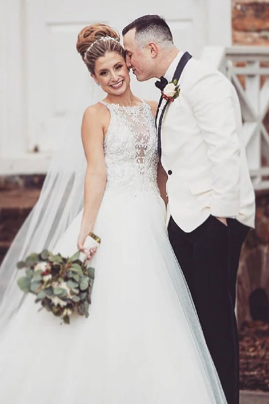 New Markdowns Princess Long Jewel Neck A-line White Wedding Dress with Lace