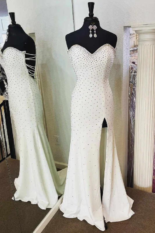 Online Only Sweetheart High Slit White Long Prom Dress with Rhinestones