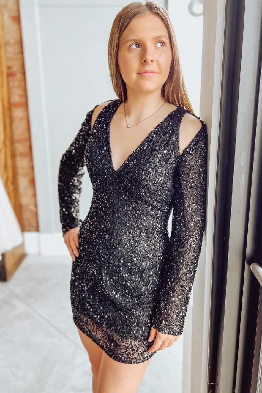 Bonus Savings Black Cutout Shoulder Long Sleeves Bodycon Homecoming Dress