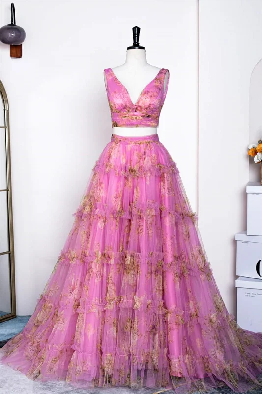 Special Savings Two Piece V-Neck Pink Floral Print Ruffles A-Line Prom Dress