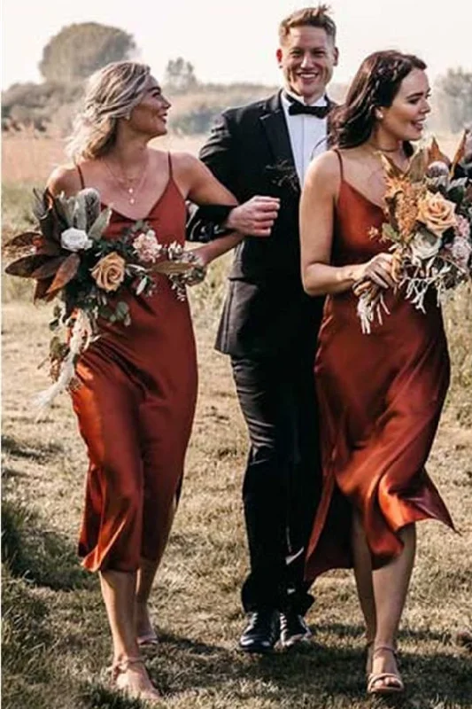 Price Slash Tea-length Mermaid Straps Rust Bridesmaid Dress
