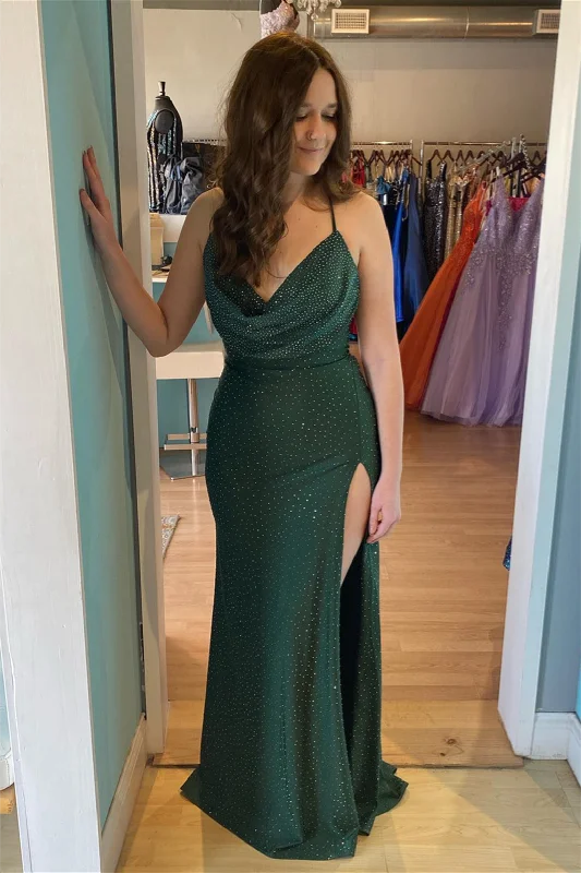 Can't Miss Hunter Green  Cowl Neck Lace-Up Long Prom Dress with Rhinestones