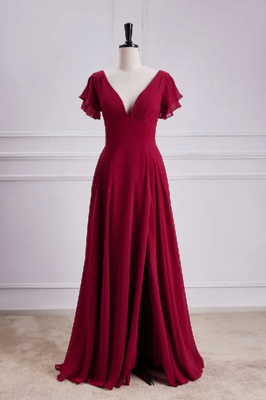 Price Cut Red V Neck A Line Dress Chiffon Backless Bridesmaid Dress
