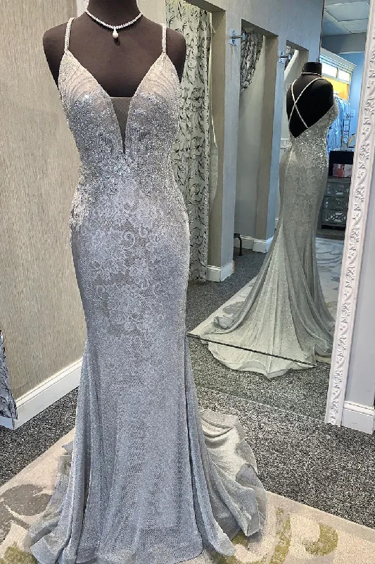 Shop and Save Elegant V Neck Lace Appliques Mermaid Silver Prom Dress