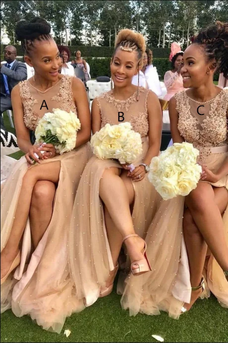 Weekend Deal Champagne Appliques Long Bridesmaid Dress with Slit