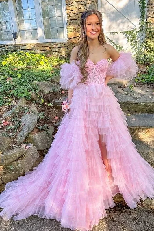 Quick Sale Pink Applique Layered Slit Prom Dress with Detachable Sleeves