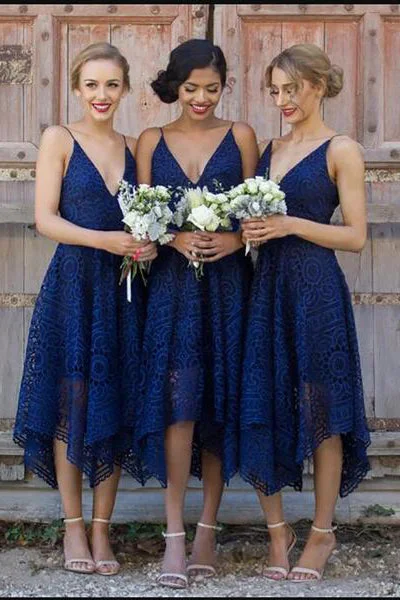 Exclusive Savings V Neck Navy Blue Lace Tea Length Bridesmaid Dress