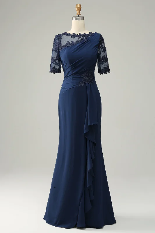One-DAY Sale Navy Blue Appliques Ruffle 1/2 Sleeves Long Mother of the Bride/Groom Dress