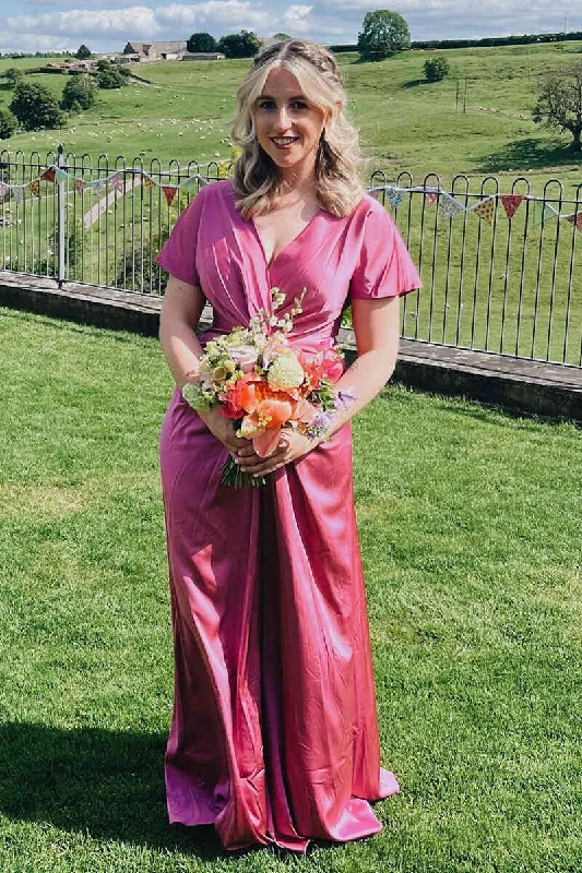 Limited Availability V-Neck Magenta Long Bridesmaid Dress with Short Sleeves