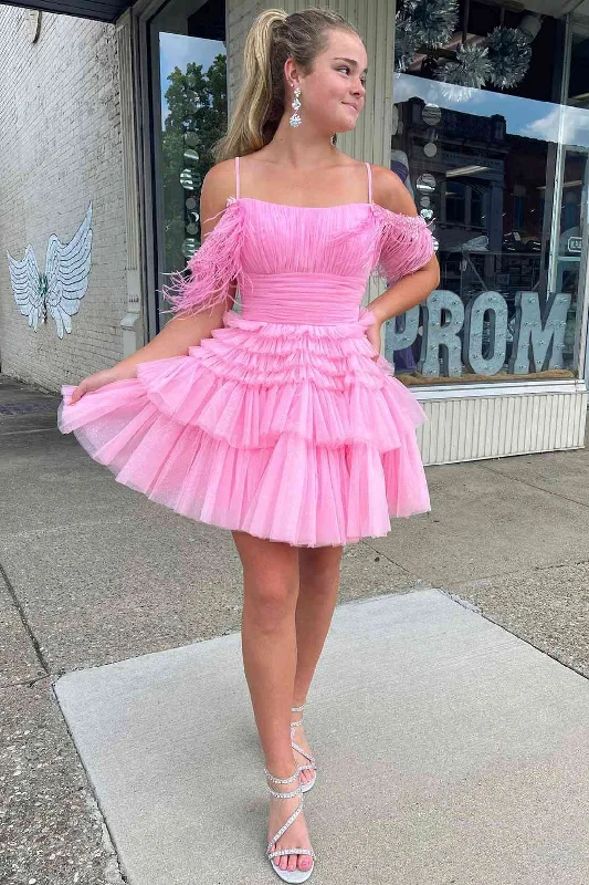 Price Fest Pleated Hot Pink Cold Sleeves Tiered Tulle Party Dress