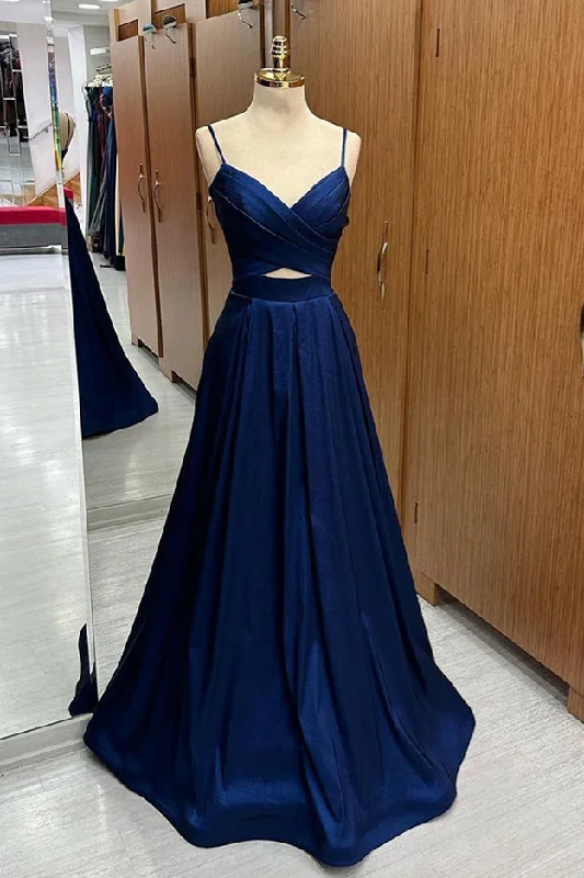 Amazing Deals Royal Blue Pleated Straps Cut-Out Satin Long Prom Dress